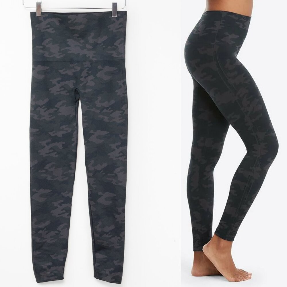 Spanx Look At Me Now Camoflauge Leggings Grey Black Size XL